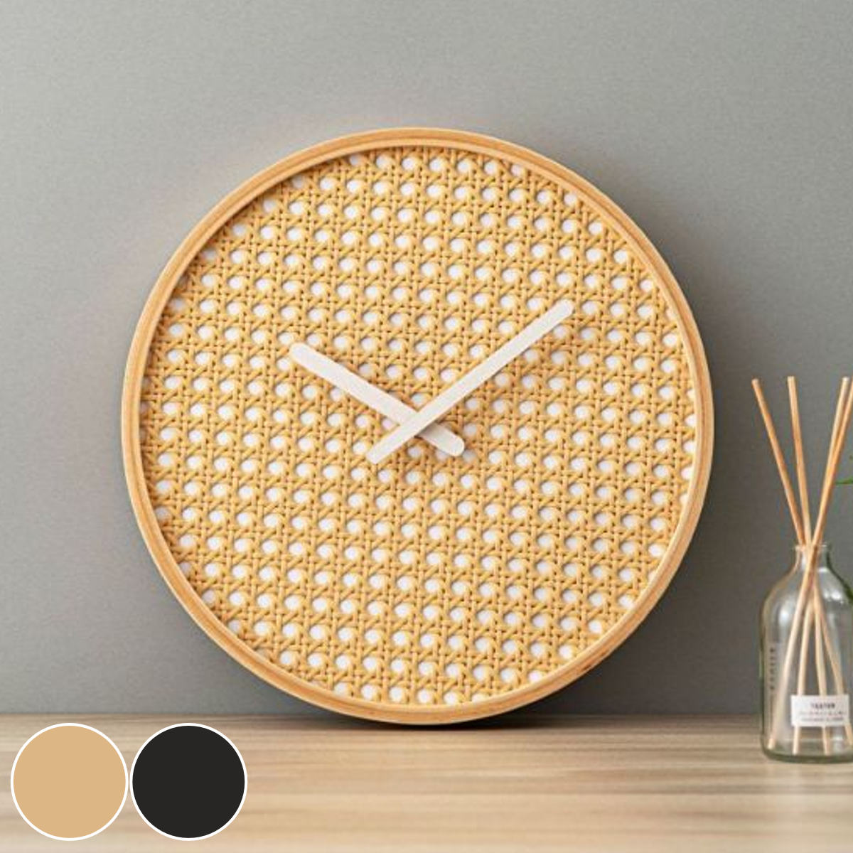掛け時計 静音 秒針なし ラタン 北欧風 韓国風 ウォールクロック ( クロック 時計 壁掛け アナログ ナチュラル 網目デザイン ウッドフレーム 軽量 電池式 インテリア 子ども部屋 寝室 書斎 ) 【ナチュラル】