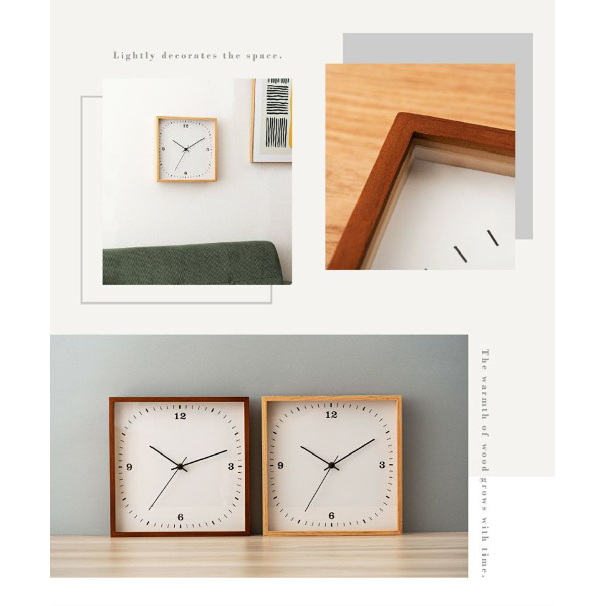 掛け時計 静音 北欧風 韓国風 ウォールクロック ( クロック 時計 壁掛け アナログ ナチュラル シンプル スクエア 四角 ウッドフレーム 軽量 電池式 インテリア 子ども部屋 寝室 書斎 連続秒針 ) 【ナチュラル】 ナチュラル