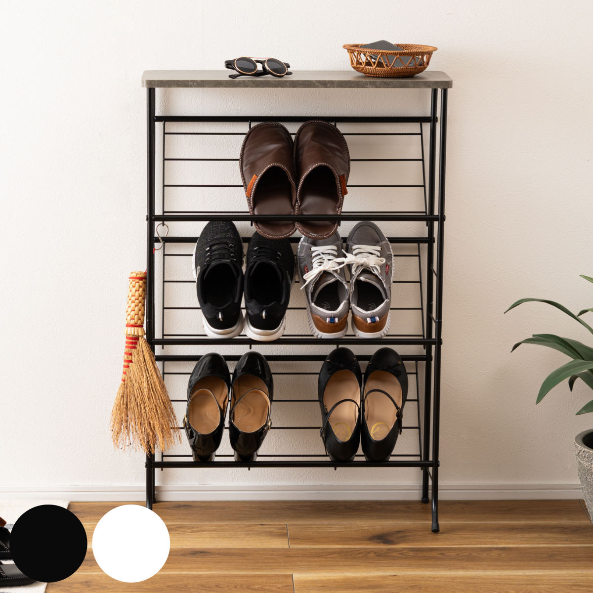 シューズラック 3段 石目調 靴収納 ( 靴 収納 ラック 下駄箱 靴箱 オープンラック 玄関 コンパクト おしゃれ 軽量 スチール ラダーラック シューズ アイアン インテリア ディスプレイ 家具 モルタル調 大理石調 ) 【ホワイト】