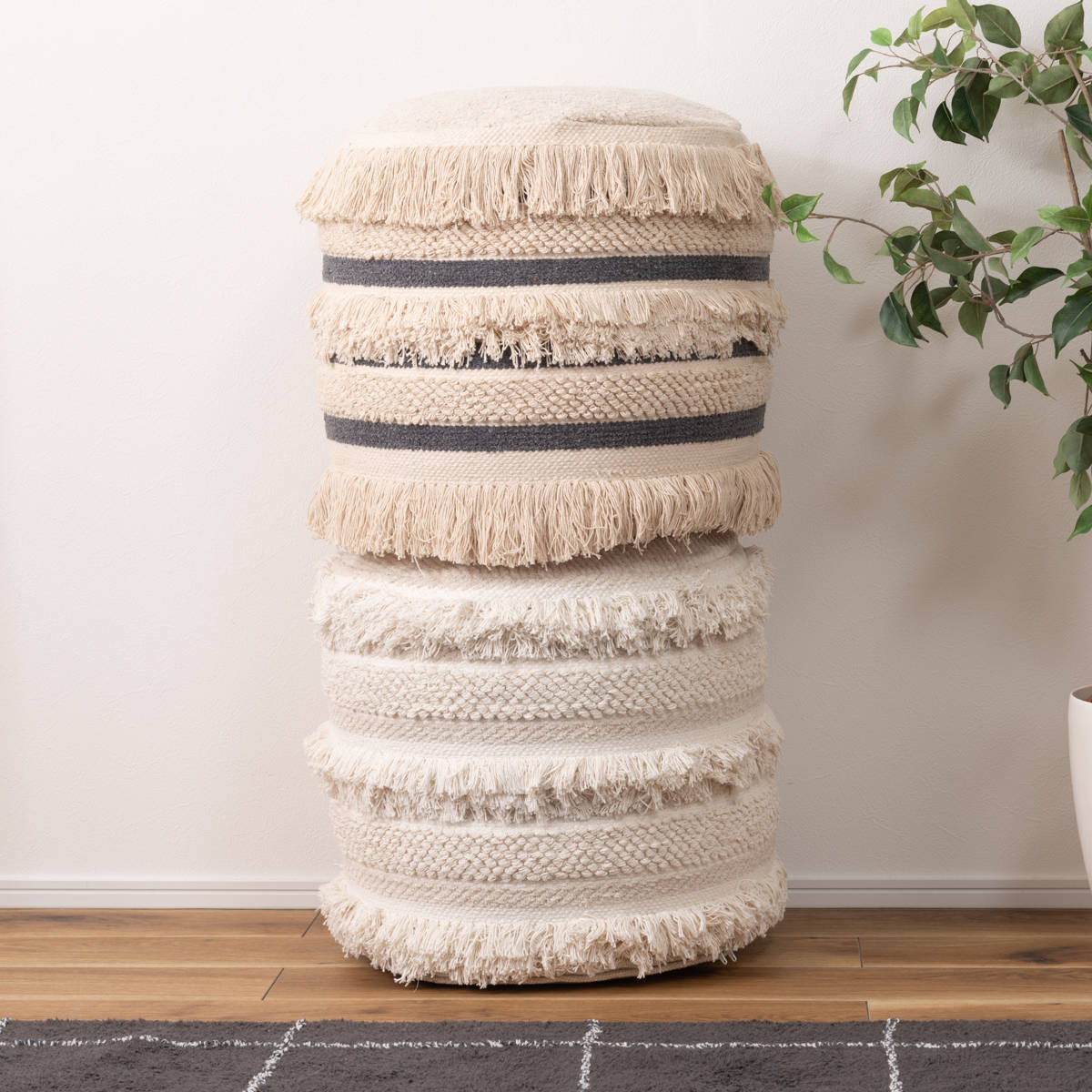 ラウンドスツール 高さ43cm スツール おしゃれ 北欧 完成品 ( 椅子 ビーズクッション オットマン 足置き クッション フロアクッション 腰掛け 丸 肘置き コットン 布地 ファブリック フリンジ スツールクッション 丸型 丸椅子 ) 【ベージュ】 ベージュ