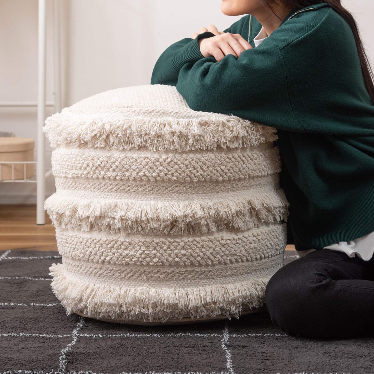 ラウンドスツール 高さ43cm スツール おしゃれ 北欧 完成品 ( 椅子 ビーズクッション オットマン 足置き クッション フロアクッション 腰掛け 丸 肘置き コットン 布地 ファブリック フリンジ スツールクッション 丸型 丸椅子 ) 【ベージュ】 ベージュ