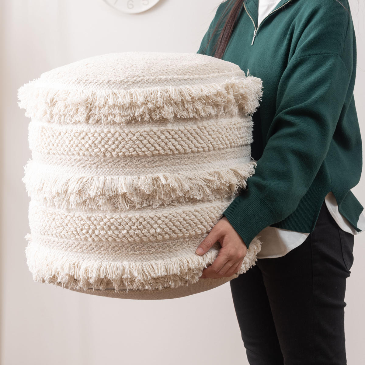 ラウンドスツール 高さ43cm スツール おしゃれ 北欧 完成品 ( 椅子 ビーズクッション オットマン 足置き クッション フロアクッション 腰掛け 丸 肘置き コットン 布地 ファブリック フリンジ スツールクッション 丸型 丸椅子 ) 【ベージュ】 ベージュ