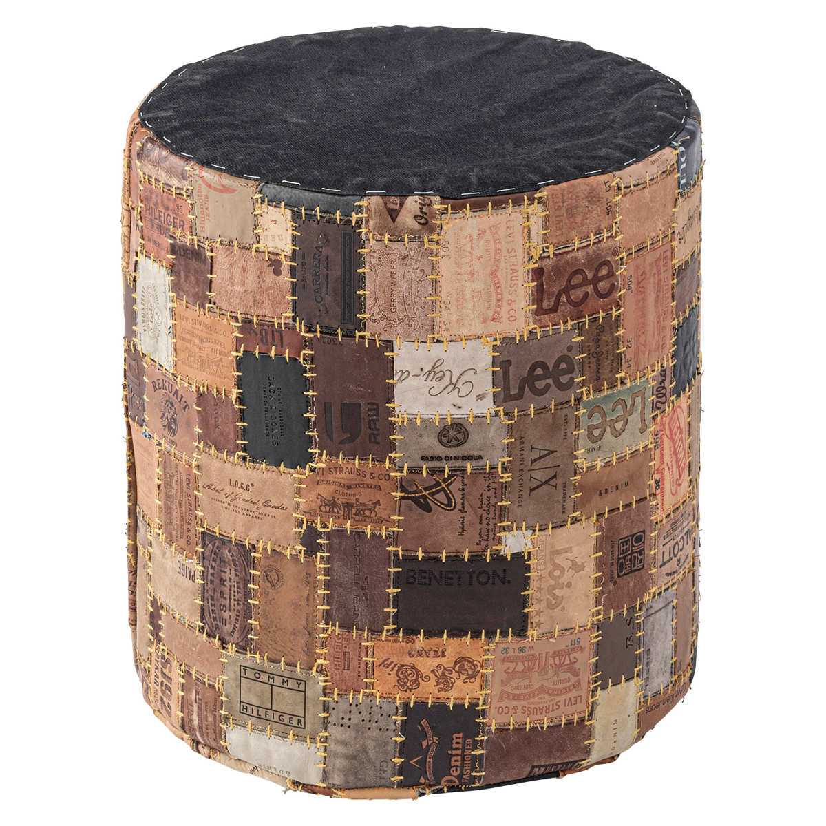 スツール ラウンド 高さ44cm おしゃれ パッチワーク 完成品 ( 椅子 チェア 腰掛け イス ヴィンテージ調 本革 合皮 サイドテーブル オットマン 軽量 丸 革タグ サブチェア 来客用 リビング キッチン 玄関 簡易テーブル 軽い )