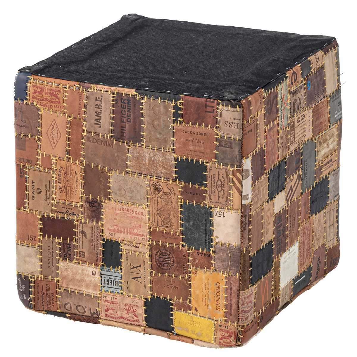 スツール キューブ 高さ44cm おしゃれ パッチワーク 完成品 ( 椅子 チェア 腰掛け イス ヴィンテージ調 本革 合皮 サイドテーブル オットマン 軽量 四角 革タグ サブチェア 来客用 リビング キッチン 玄関 簡易テーブル 軽い )