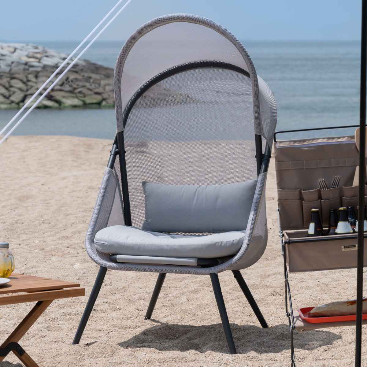 ガーデンチェア ルーフフォールディングチェア 屋外 （ チェア 椅子 リビング テラス リラックスチェア メッシュ 一人掛け アジアンテイスト モノトーン インテリア おしゃれ クッション 日よけ シェード 付き 屋内 ）