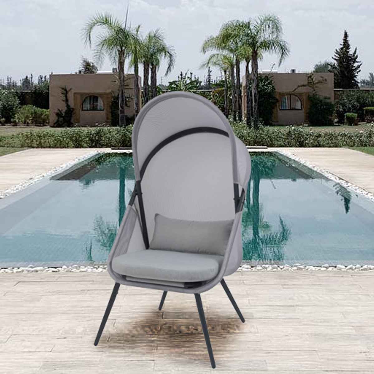 ガーデンチェア ルーフフォールディングチェア 屋外 ( チェア 椅子 リビング テラス リラックスチェア メッシュ 一人掛け アジアンテイスト モノトーン インテリア おしゃれ クッション 日よけ シェード 付き 屋内 )