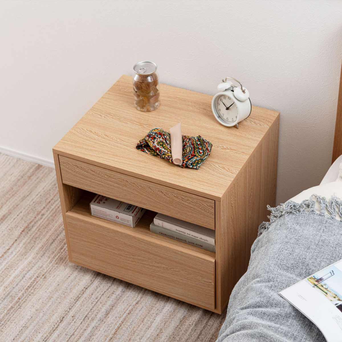 サイドチェスト 幅50cm 引き出し 2段 木目調 スライドレール ( チェスト サイドテーブル 引出し 収納 ナイトテーブル ベッドサイド ソファサイド ブラック ナチュラル ) 【ナチュラル】 ナチュラル