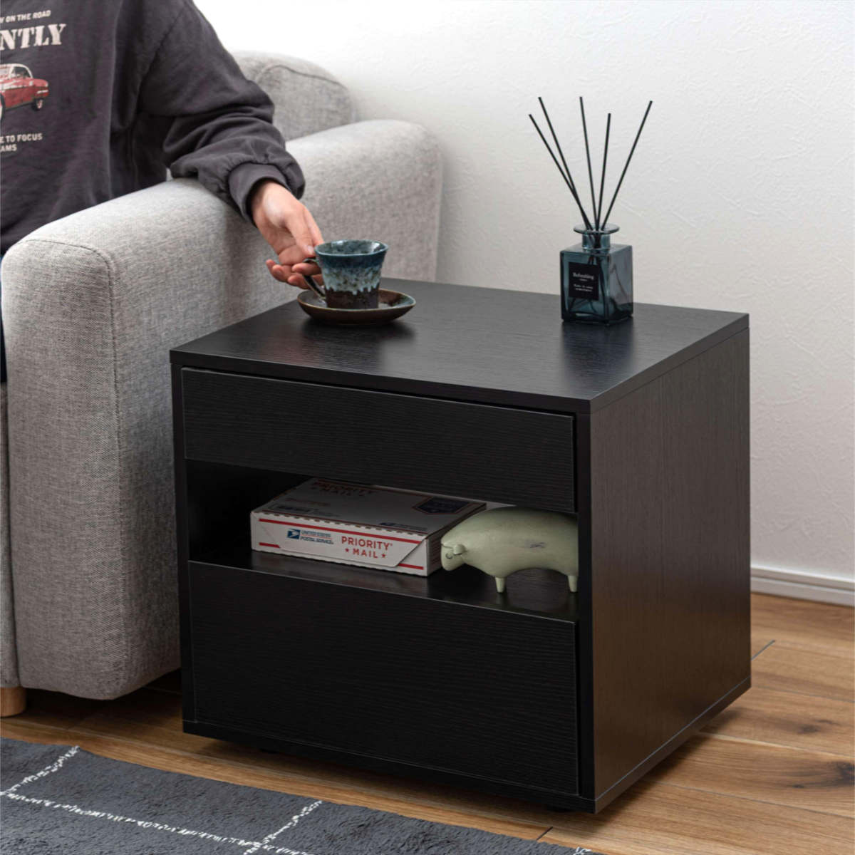 サイドチェスト 幅50cm 引き出し 2段 木目調 スライドレール ( チェスト サイドテーブル 引出し 収納 ナイトテーブル ベッドサイド ソファサイド ブラック ナチュラル ) 【ナチュラル】 ナチュラル