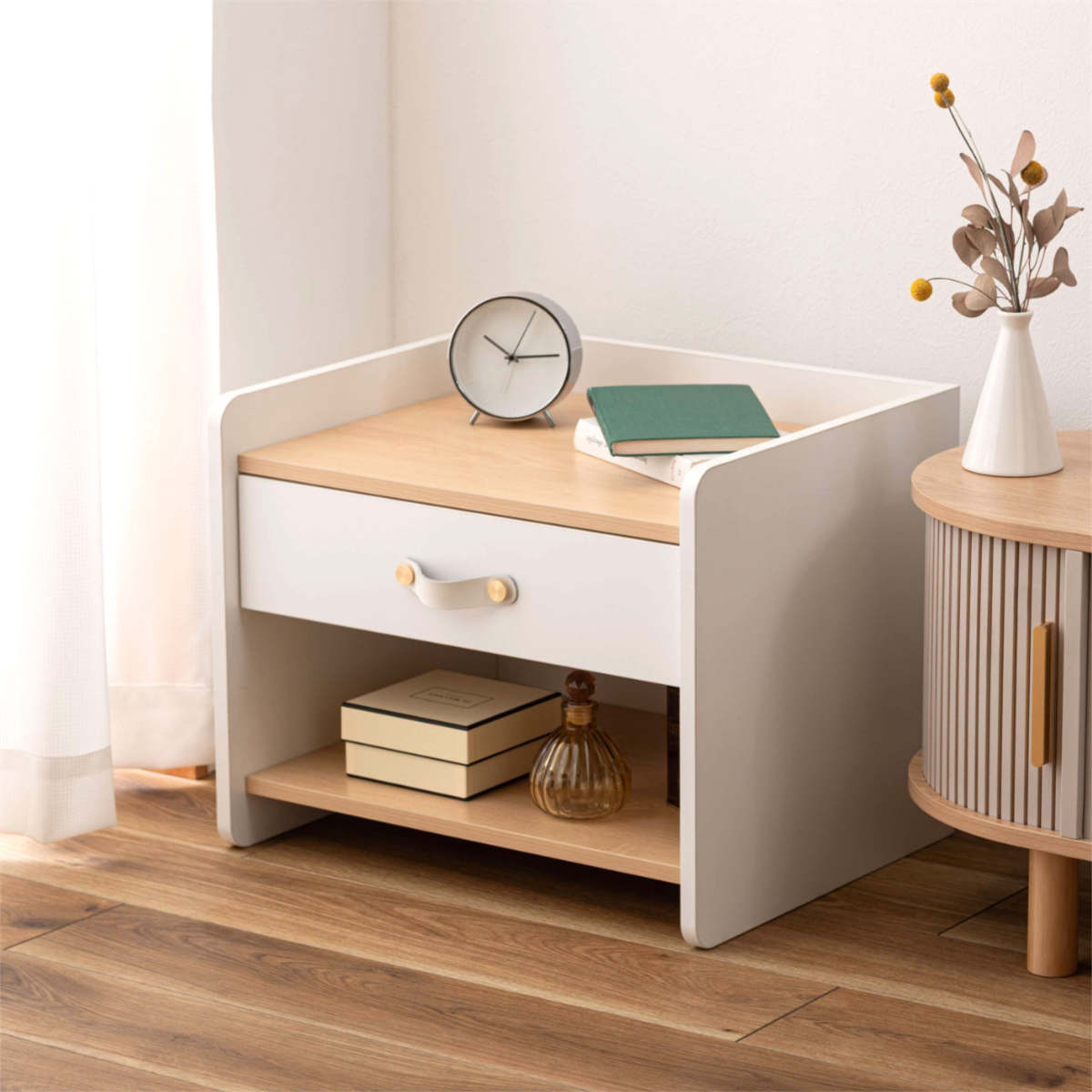 サイドチェスト 幅50cm 引き出し 木目調 ホワイト スライドレール ( チェスト サイドテーブル 引出し 収納 白 ナイトテーブル ベッドサイド ソファサイド バイカラー ナチュラル )