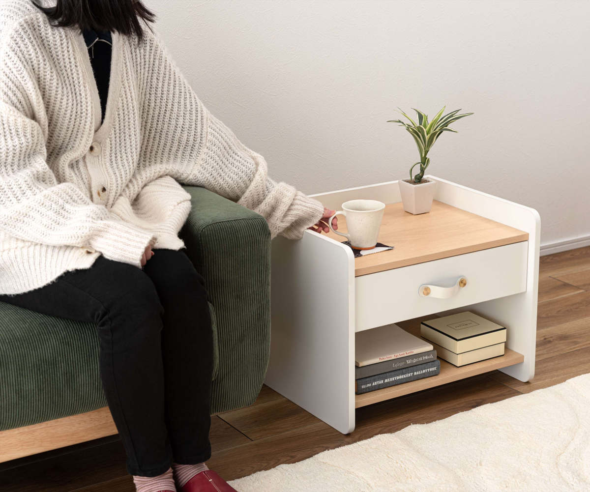 サイドチェスト 幅50cm 引き出し 木目調 ホワイト スライドレール ( チェスト サイドテーブル 引出し 収納 白 ナイトテーブル ベッドサイド ソファサイド バイカラー ナチュラル )