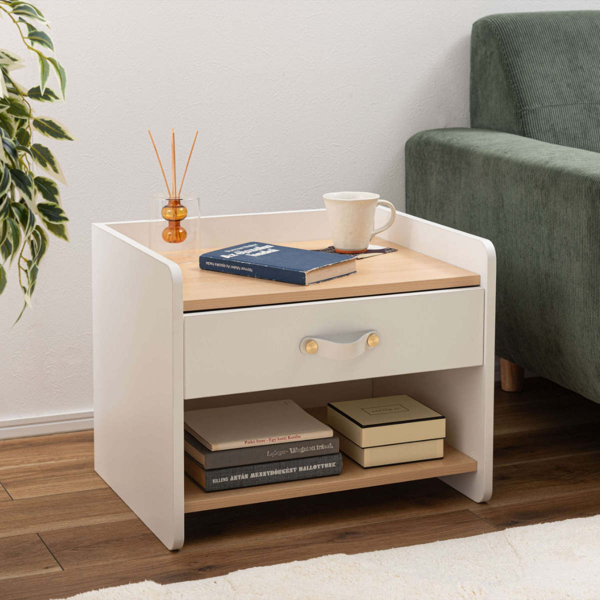 サイドチェスト 幅50cm 引き出し 木目調 ホワイト スライドレール ( チェスト サイドテーブル 引出し 収納 白 ナイトテーブル ベッドサイド ソファサイド バイカラー ナチュラル )