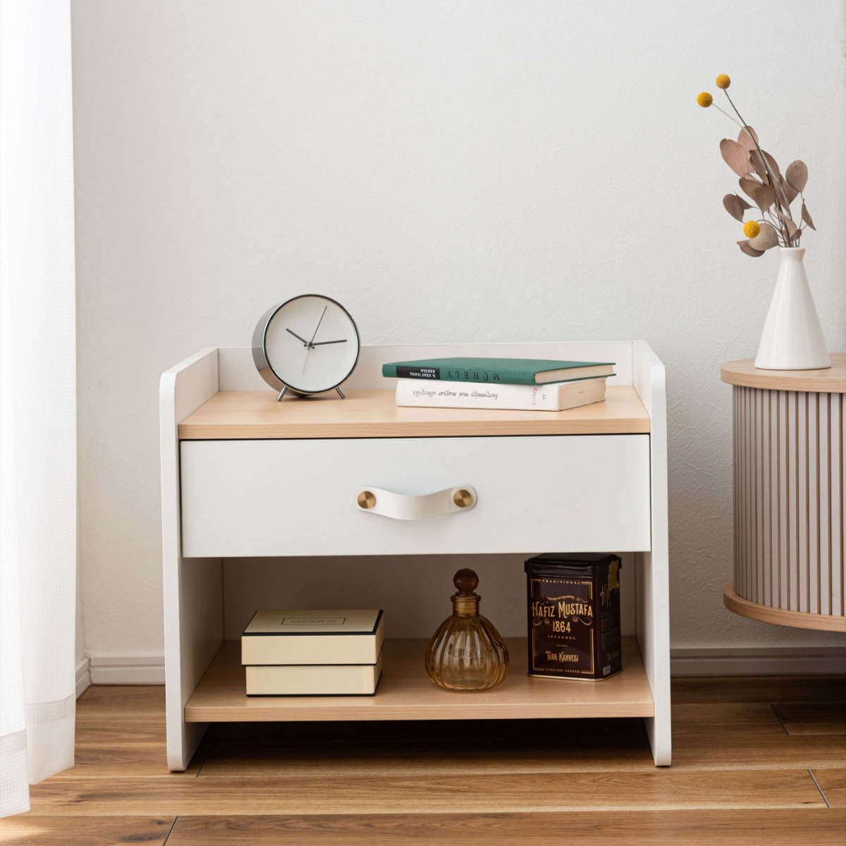 サイドチェスト 幅50cm 引き出し 木目調 ホワイト スライドレール ( チェスト サイドテーブル 引出し 収納 白 ナイトテーブル ベッドサイド ソファサイド バイカラー ナチュラル )