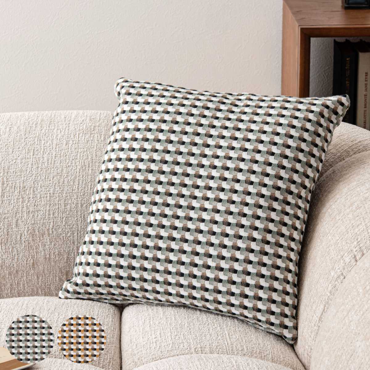クッション 45×45cm カバーリング おしゃれ （ フェザー クッションカバー カバー付き ソファ 背もたれ 正方形 インテリア雑貨 北欧 インテリア 幾何学柄 モダン 弾力 やわらか 取り外し可能 ） 【パステルグリーン】