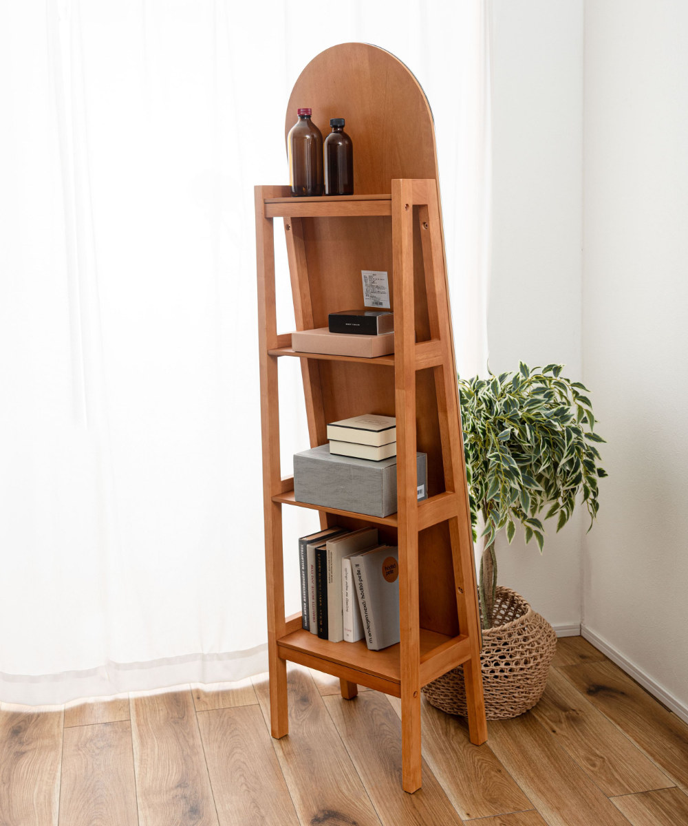 スタンドミラー 幅40cm 収納棚付き 4段 Woodland ( 鏡 ミラー 全身鏡 収納 ナチュラル スタンド 木製フレーム 棚付き 飛散防止加工 )