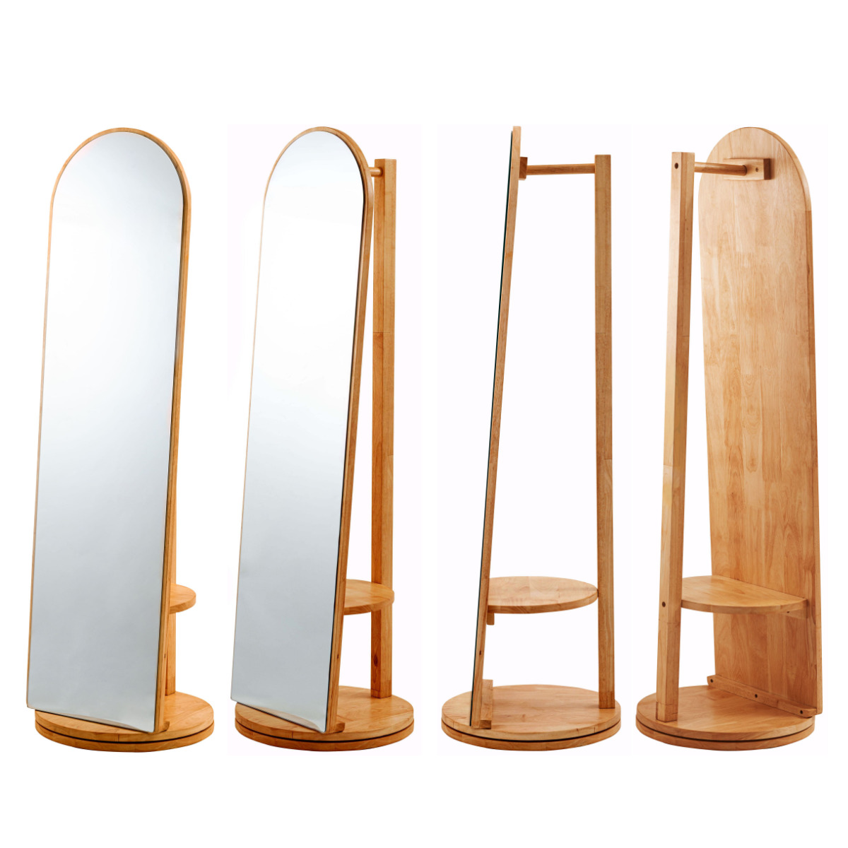 回転ミラー 幅45cm 収納棚付き Woodland ( 鏡 ミラー 全身鏡 収納 ナチュラル 360度回転 スタンド 木製フレーム ハンガーラック 棚付き 飛散防止加工 )