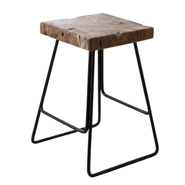 スツール 高さ47cm 木製 角型 アイアンフレーム （ 椅子 いす チェア チェアー 背もたれなし 天然木 チーク チーク材 無垢材 オイル仕上