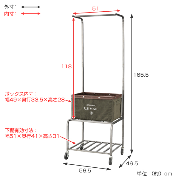 【美品】東谷　USメールハンガーラックワゴン　グリーン　インダストリアル　収納 ハンガーワゴン バスケット付 ハンガーラック USメール 幅56.5cm