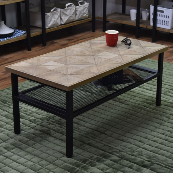 ローテーブル センターテーブル 組木 古材風 KALEIDO 幅90cm （ 送料無料 テーブル 机 デスク 収納付き 棚付き リビングテーブル コーヒ