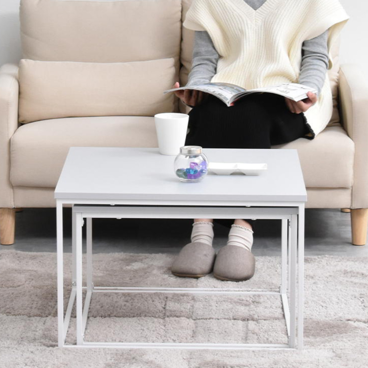 センターテーブル ネストテーブル 幅59.5cm 幅53.5cm Noko ( テーブル リビングテーブル 机 入れ子 大 小 伸縮 アレンジ コンパクト サイドテーブル 正方形 メラミン加工 セミマット 来客用 サブテーブル おしゃれ ) 【ダークグレー】 ダークグレー