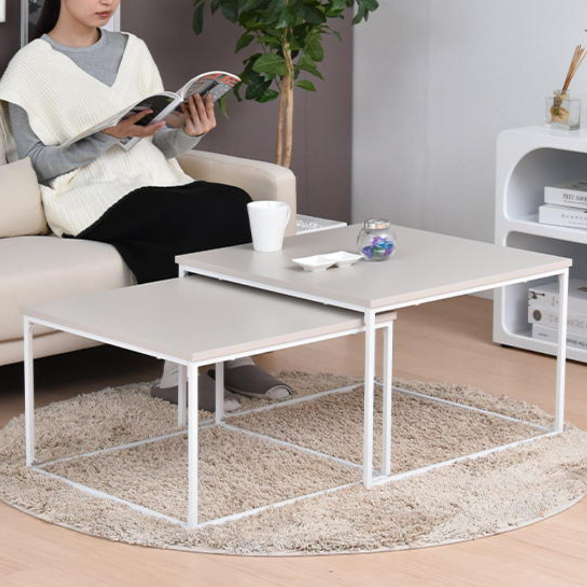 センターテーブル ネストテーブル 幅59.5cm 幅53.5cm Noko ( テーブル リビングテーブル 机 入れ子 大 小 伸縮 アレンジ コンパクト サイドテーブル 正方形 メラミン加工 セミマット 来客用 サブテーブル おしゃれ ) 【ダークグレー】 ダークグレー