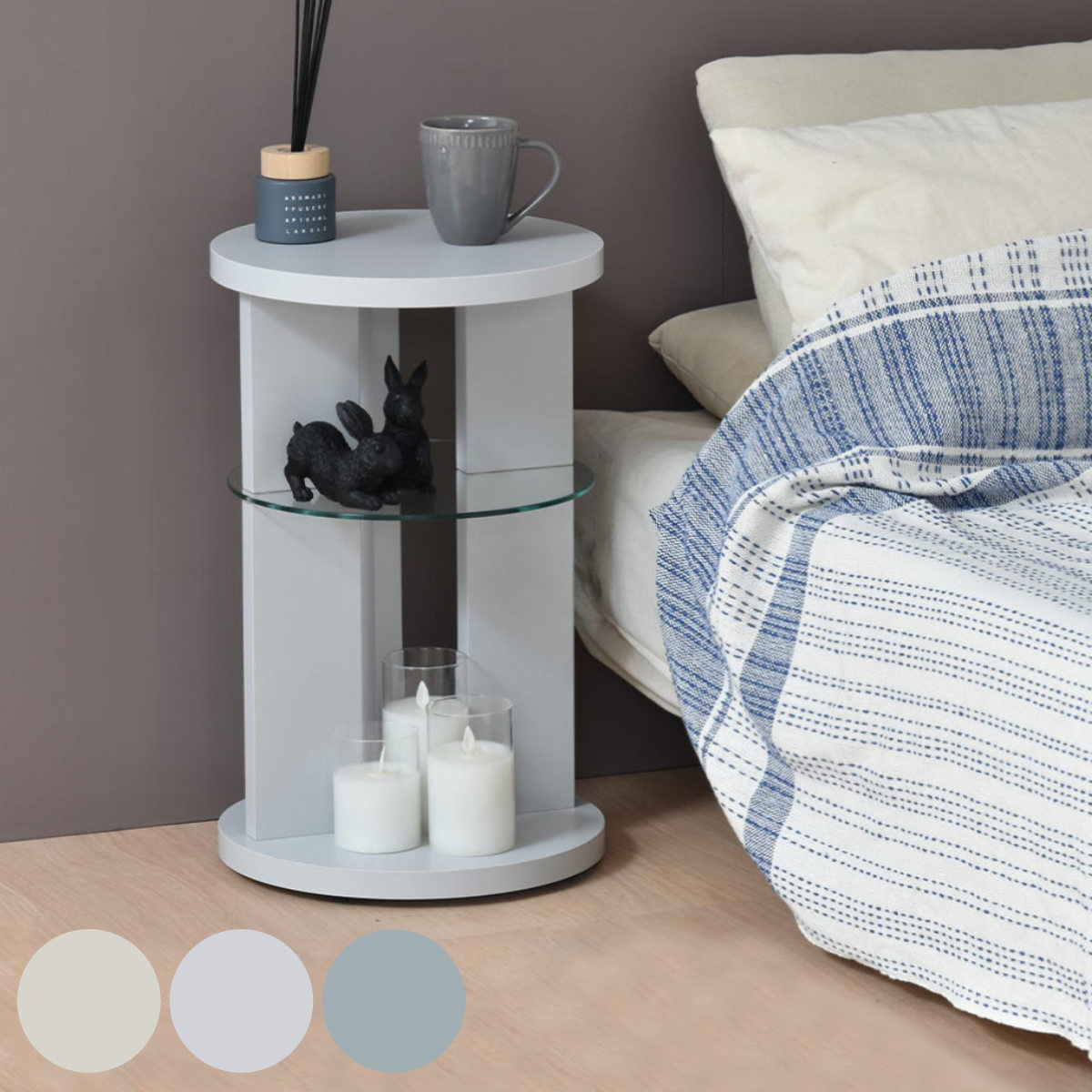 サイドテーブル 円型 ガラス棚板 ラウンド Noko （ ソファサイドテーブル キャスター付き 回転 360度 棚付き テーブル ソファサイド ベッドサイド 収納 直径34cm ソファテーブル コンパクト ミニテーブル おしゃれ ディスプレイ 本 ） 【ベージュ】