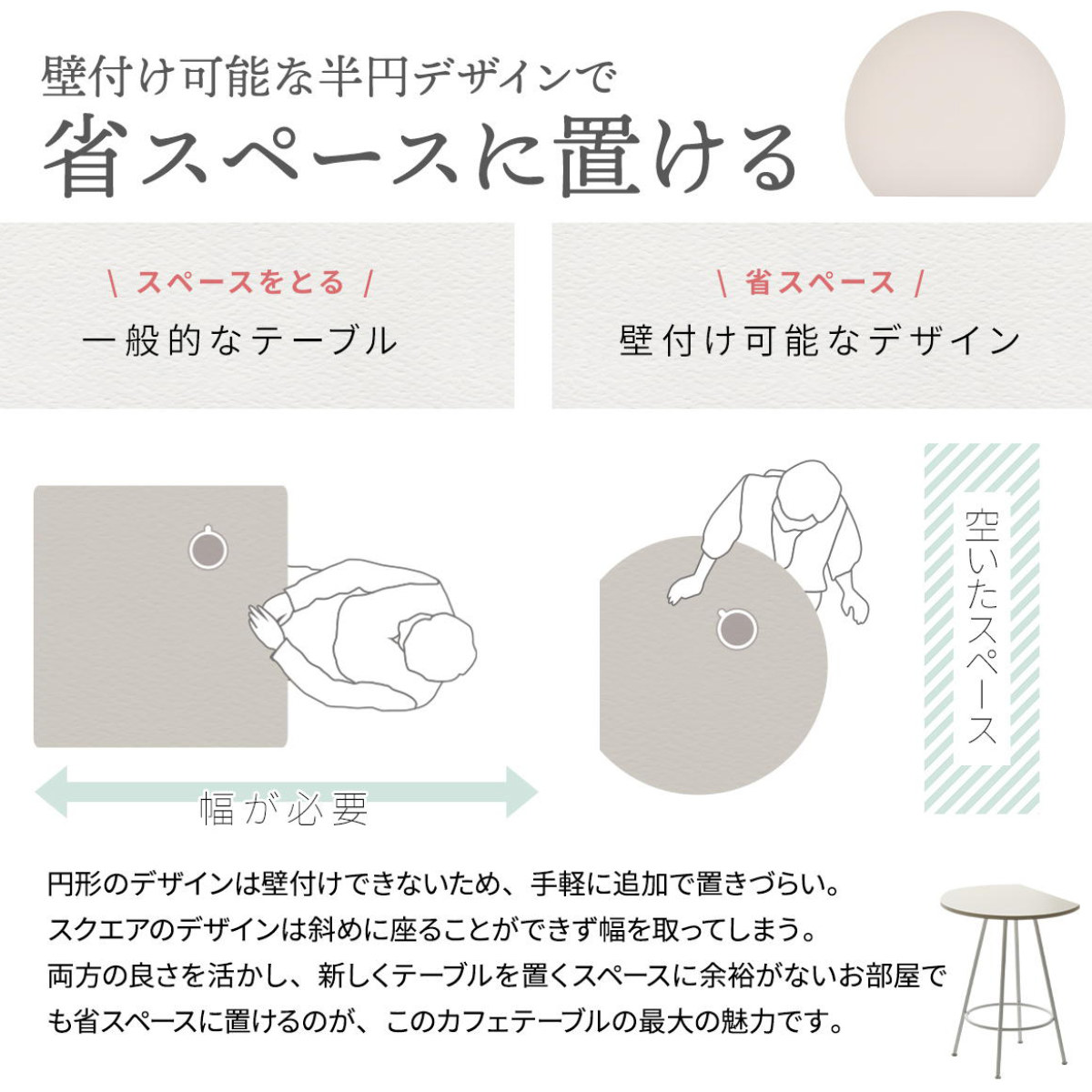 ダイニングテーブル 半円型 幅60cm カフェテーブル Noko ( テーブル 机 円形 丸 壁付け 省スペース 丸テーブル 半円テーブル コーヒーテーブル メラミン天板 作業デスク キッチンカウンター フラワースタンド おしゃれ 在宅ワーク ) 【ベージュ】 ベージュ