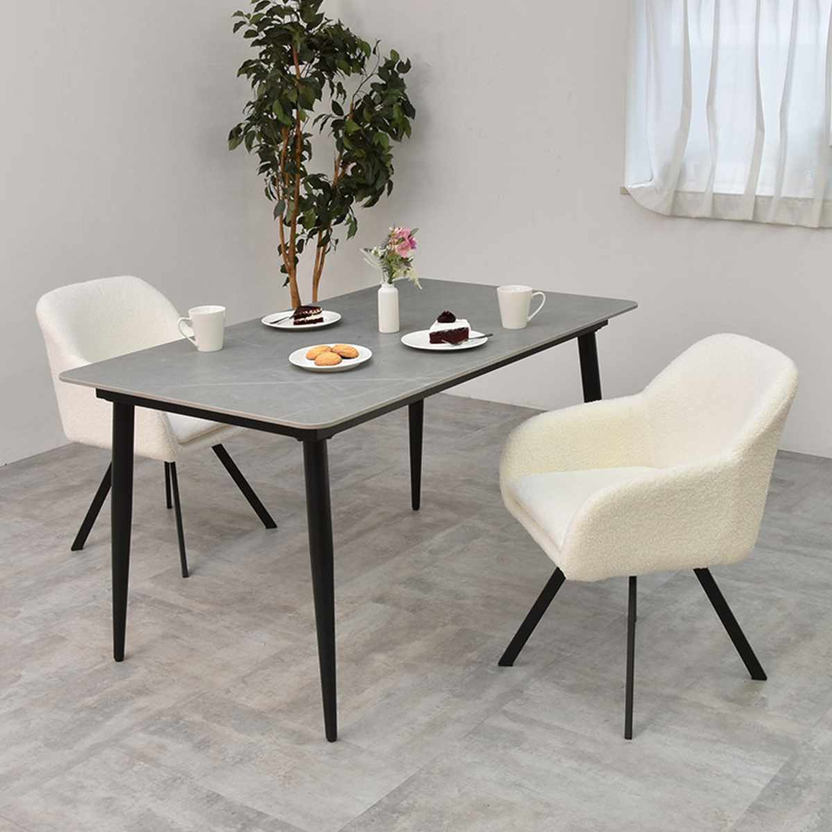 ダイニングチェア 回転式 座面高44cm ブークレ生地 ラウンドチェア Mofuru ( 回転 食卓椅子 チェア チェアー イス 椅子 いす 肘付き ダイニング ふわふわ 肘掛け 簡単組立 デスクチェア ファブリック 食卓 リビング 回転椅子 ) 【ホワイト】 ホワイト