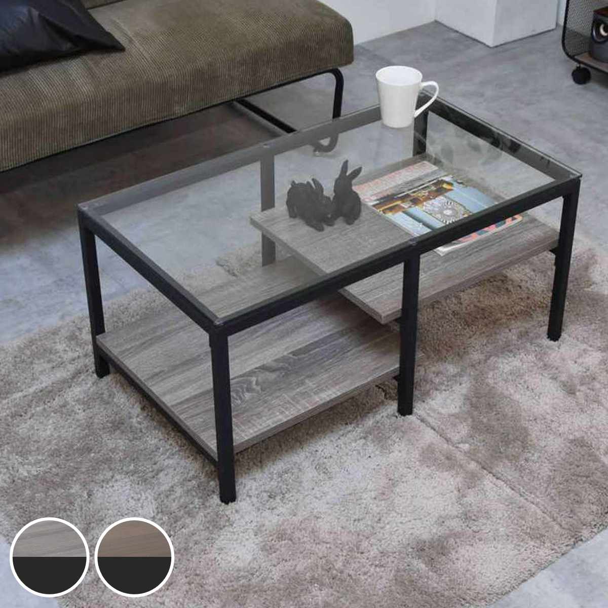 センターテーブル 幅80cm ガラス天板 収納棚付 Exie （ ローテーブル リビングテーブル 長方形 ガラステーブル 収納付き 奥行44.5cm ズレない天板 リビング おしゃれ 座卓 ディスプレイ カフェテーブル コーヒーテーブル 作業台 ） 【グレー】