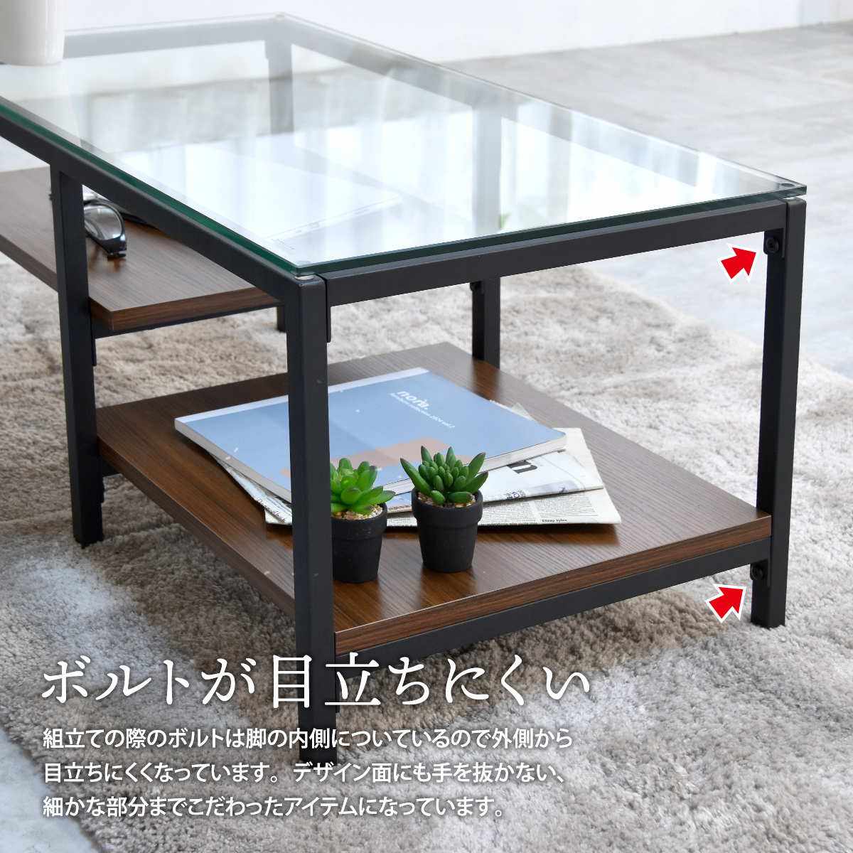 センターテーブル 幅80cm ガラス天板 収納棚付 Exie ( ローテーブル リビングテーブル 長方形 ガラステーブル 収納付き 奥行44.5cm ズレない天板 リビング おしゃれ 座卓 ディスプレイ カフェテーブル コーヒーテーブル 作業台 ) 【グレー】 グレー