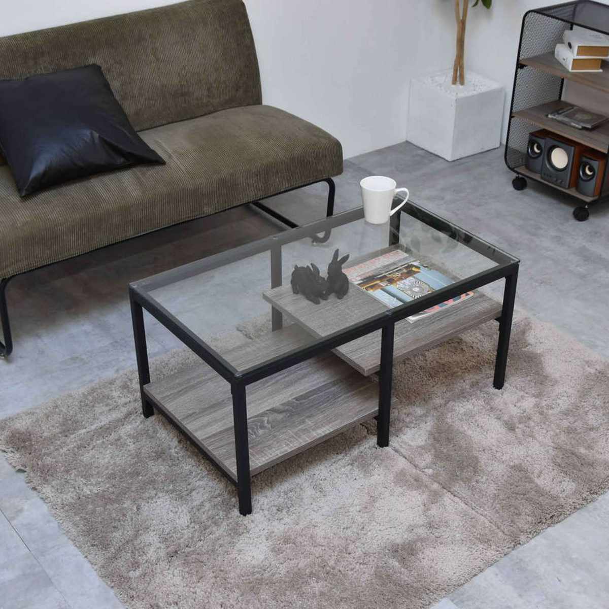 センターテーブル 幅80cm ガラス天板 収納棚付 Exie ( ローテーブル リビングテーブル 長方形 ガラステーブル 収納付き 奥行44.5cm ズレない天板 リビング おしゃれ 座卓 ディスプレイ カフェテーブル コーヒーテーブル 作業台 ) 【グレー】 グレー