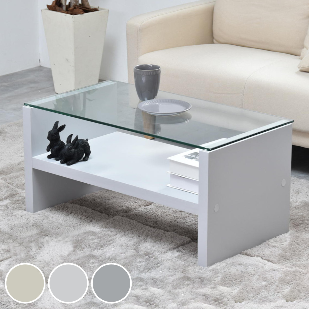 センターテーブル 幅75cm ガラス天板 収納棚付 Noko （ ローテーブル リビングテーブル 長方形 ガラステーブル 収納付き 奥行40cm リビング おしゃれ 座卓 ディスプレイ カフェテーブル コーヒーテーブル 作業台 ） 【ベージュ】