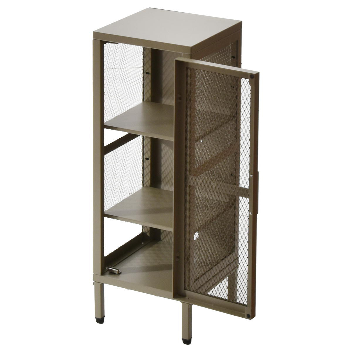 BURUCK スリムメッシュキャビネット 3段 ( キャビネット スチール 扉 片開き メッシュ 棚 幅28cm ラック 飾り棚 スリム ディスプレイ キッチン リビング シューズラック 小物収納 ブラック ホワイト カーキ ) 【カーキ】 カーキ