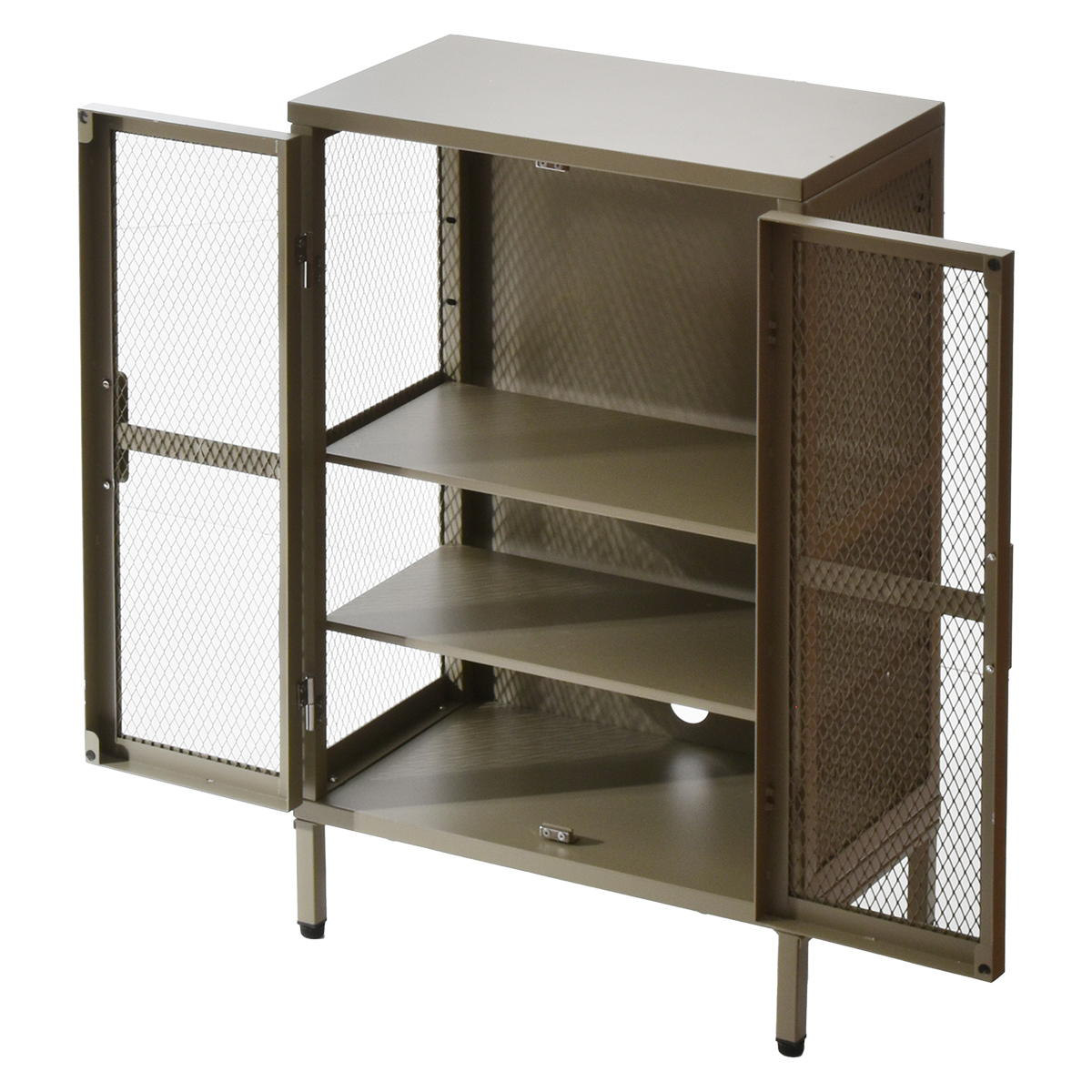 BURUCK ワイドメッシュキャビネット 3段 ( キャビネット スチール 扉 観音開き 両開き メッシュ 棚 幅50.5cm ラック 飾り棚 スリム ディスプレイ キッチン リビング シューズラック 小物収納 ブラック ホワイト カーキ ) 【カーキ】 カーキ