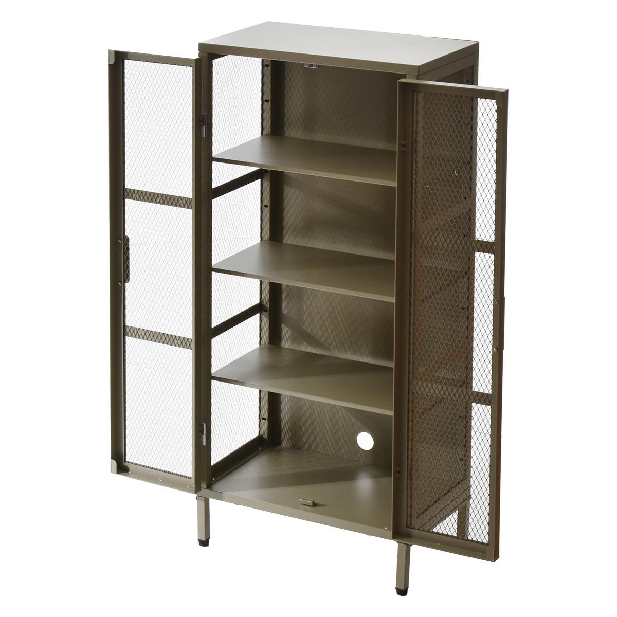 BURUCK ワイドメッシュキャビネット 4段 ( キャビネット スチール 扉 観音開き 両開き メッシュ 棚 幅50.5cm ラック 飾り棚 スリム ディスプレイ キッチン リビング シューズラック 小物収納 ブラック ホワイト カーキ ) 【カーキ】 カーキ