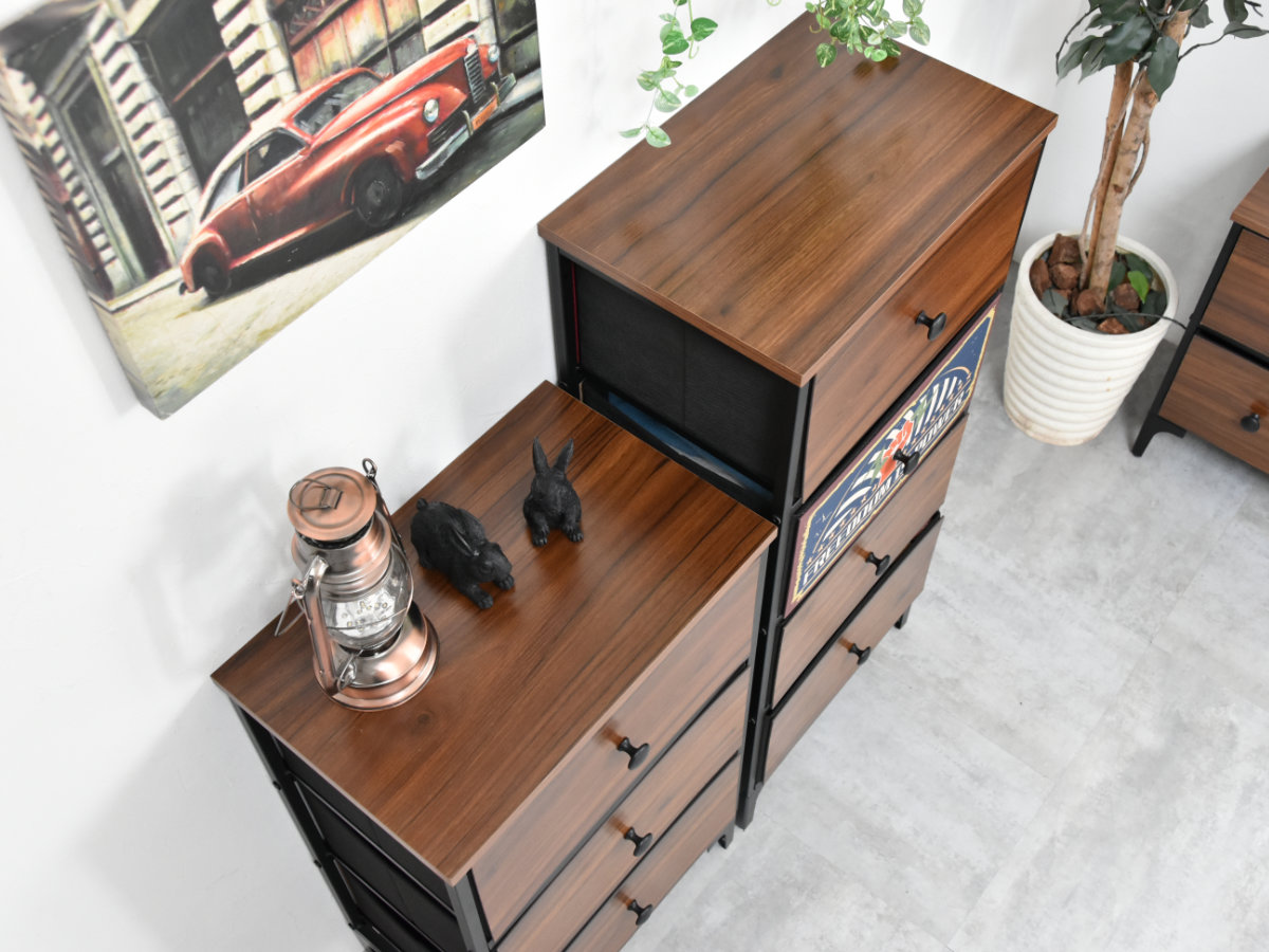 チェスト 3段 幅45cm 木目調 リバーシブル 天板付き 脚付き ( 両面 引出し 棚 ラック 収納 アメリカン レトロ 衣類収納 お掃除ロボット対応 軽量 三杯 引手付き 衣替え スチールフレーム )