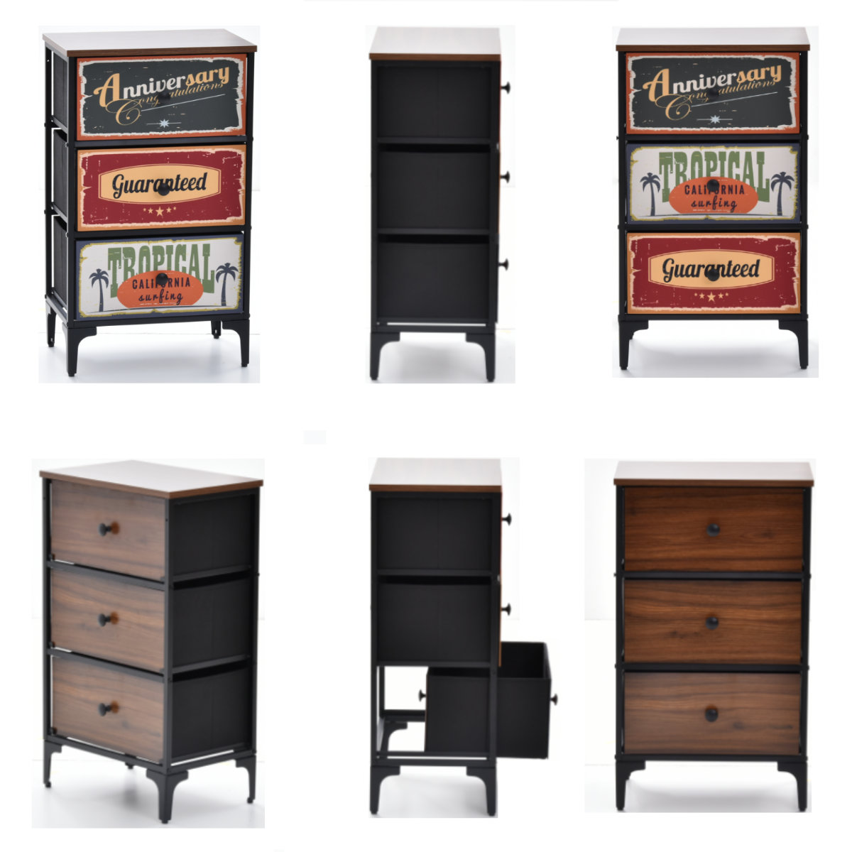 チェスト 3段 幅45cm 木目調 リバーシブル 天板付き 脚付き ( 両面 引出し 棚 ラック 収納 アメリカン レトロ 衣類収納 お掃除ロボット対応 軽量 三杯 引手付き 衣替え スチールフレーム )