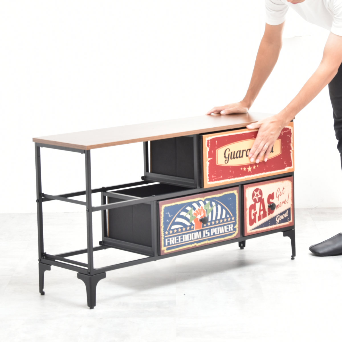 チェスト 2段 幅102cm 木目調 リバーシブル 天板付き 脚付き ( 両面 引出し 棚 ラック 収納 アメリカン レトロ 衣類収納 お掃除ロボット対応 軽量 五杯 引手付き 衣替え スチールフレーム )