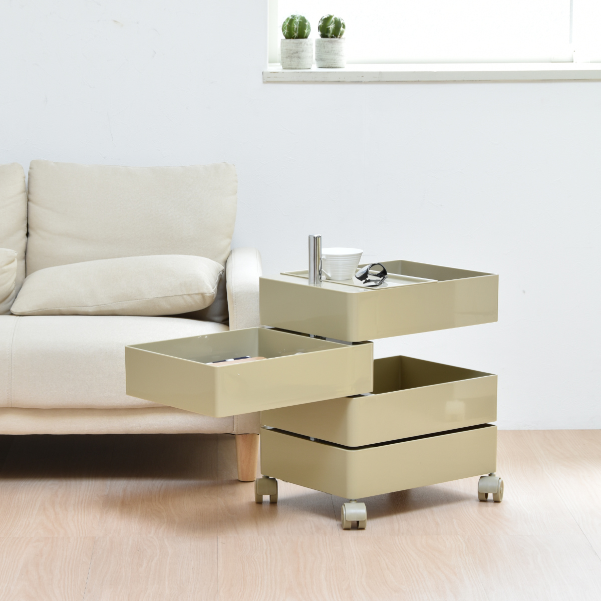 収納ワゴン 4段 360度 回転 キャスター付き ( ワゴン 収納 棚 ラック 四段 トレー トロリー サイドワゴン サイドテーブル 4段トレー デスクサイド 回転式 トレイ アイボリー ライトブラウン ライトブルー イエロー ) 【ライトブルー】 ライトブルー