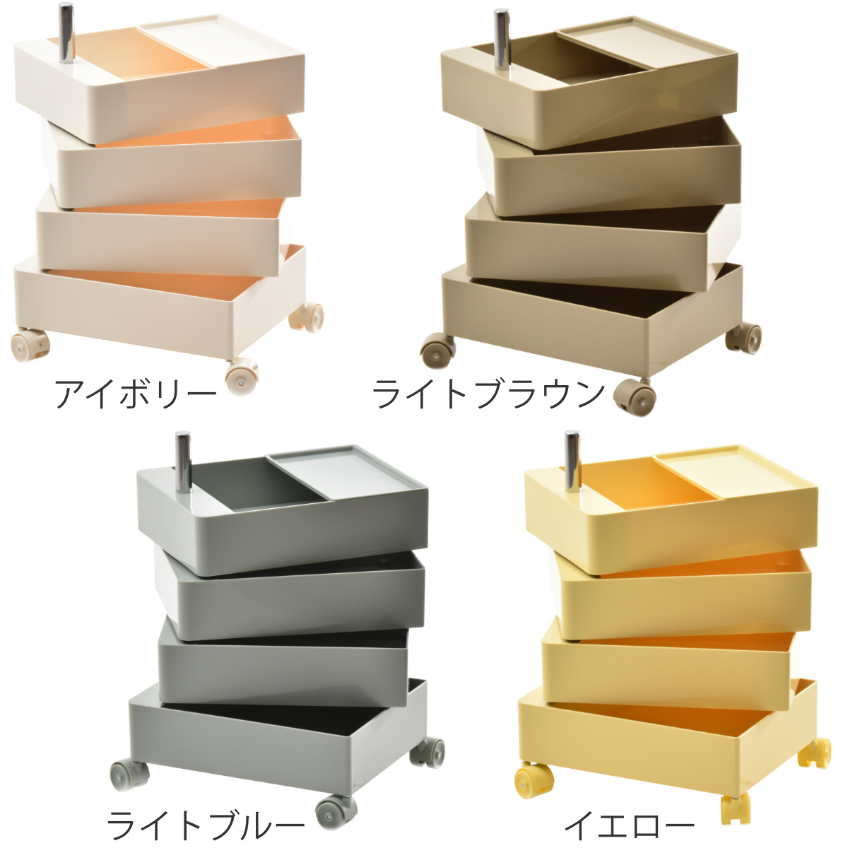 収納ワゴン 4段 360度 回転 キャスター付き ( ワゴン 収納 棚 ラック 四段 トレー トロリー サイドワゴン サイドテーブル 4段トレー デスクサイド 回転式 トレイ アイボリー ライトブラウン ライトブルー イエロー ) 【ライトブルー】 ライトブルー