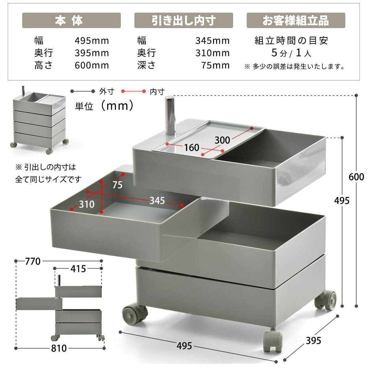 収納ワゴン 4段 360度 回転 キャスター付き ( ワゴン 収納 棚 ラック 四段 トレー トロリー サイドワゴン サイドテーブル 4段トレー デスクサイド 回転式 トレイ アイボリー ライトブラウン ライトブルー イエロー ) 【ライトブルー】 ライトブルー