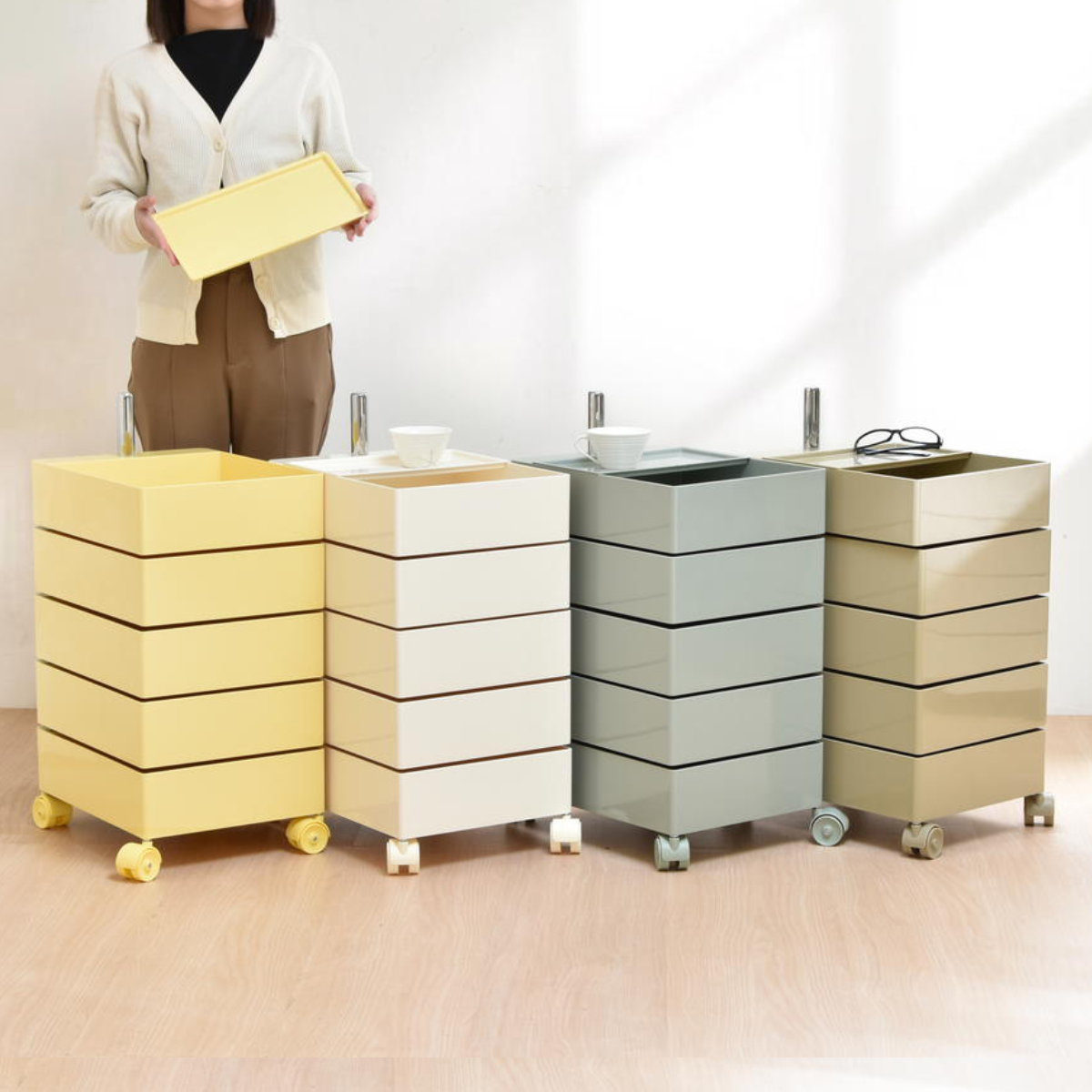 収納ワゴン 5段 360度 回転 キャスター付き ( ワゴン 収納 棚 ラック 五段 トレー トロリー サイドワゴン 5段トレー デスクサイド 回転式 トレイ アイボリー ライトブラウン ライトブルー イエロー ) 【イエロー】 イエロー