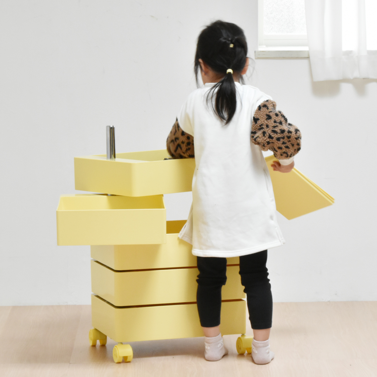 収納ワゴン 5段 360度 回転 キャスター付き ( ワゴン 収納 棚 ラック 五段 トレー トロリー サイドワゴン 5段トレー デスクサイド 回転式 トレイ アイボリー ライトブラウン ライトブルー イエロー ) 【イエロー】 イエロー