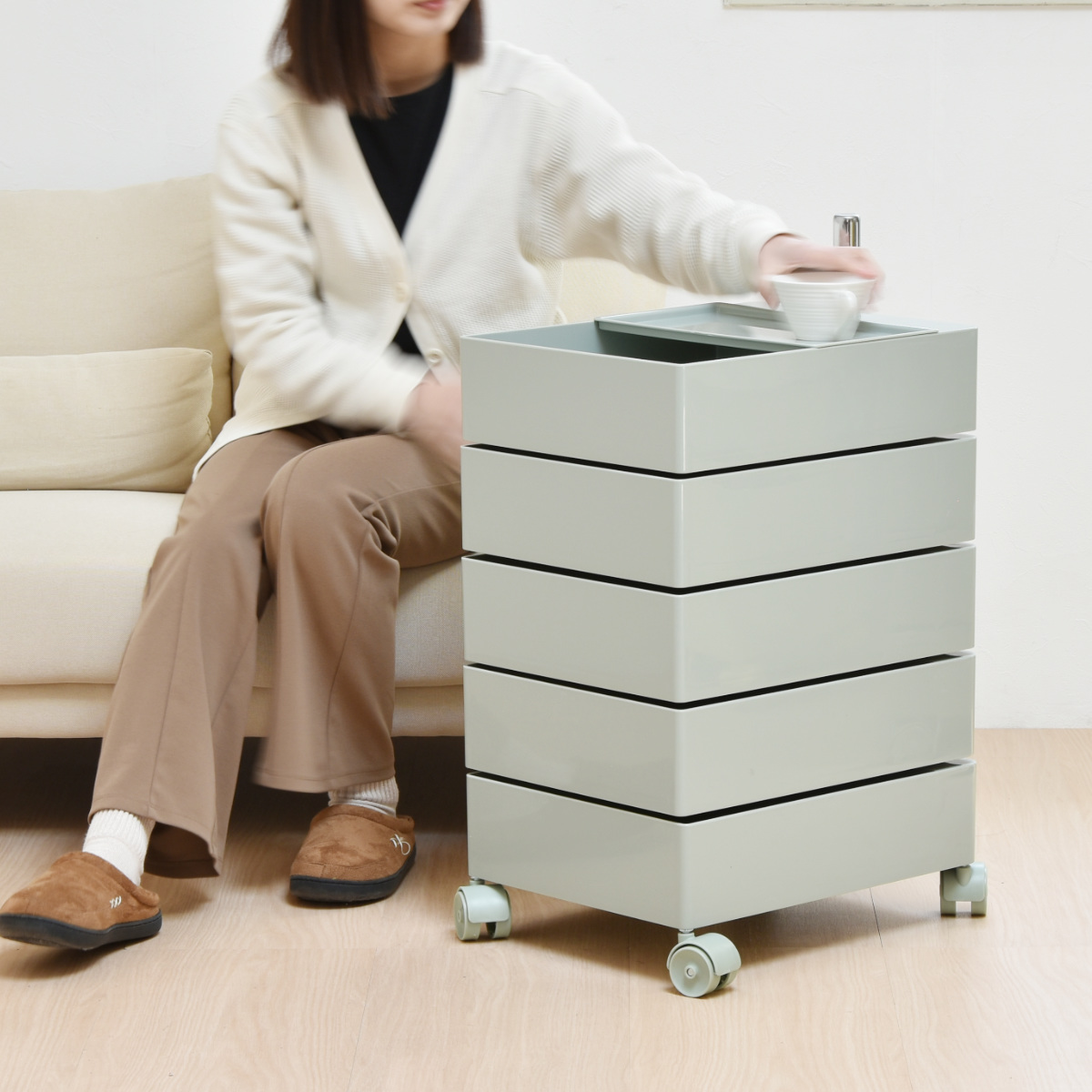 収納ワゴン 5段 360度 回転 キャスター付き ( ワゴン 収納 棚 ラック 五段 トレー トロリー サイドワゴン 5段トレー デスクサイド 回転式 トレイ アイボリー ライトブラウン ライトブルー イエロー ) 【イエロー】 イエロー