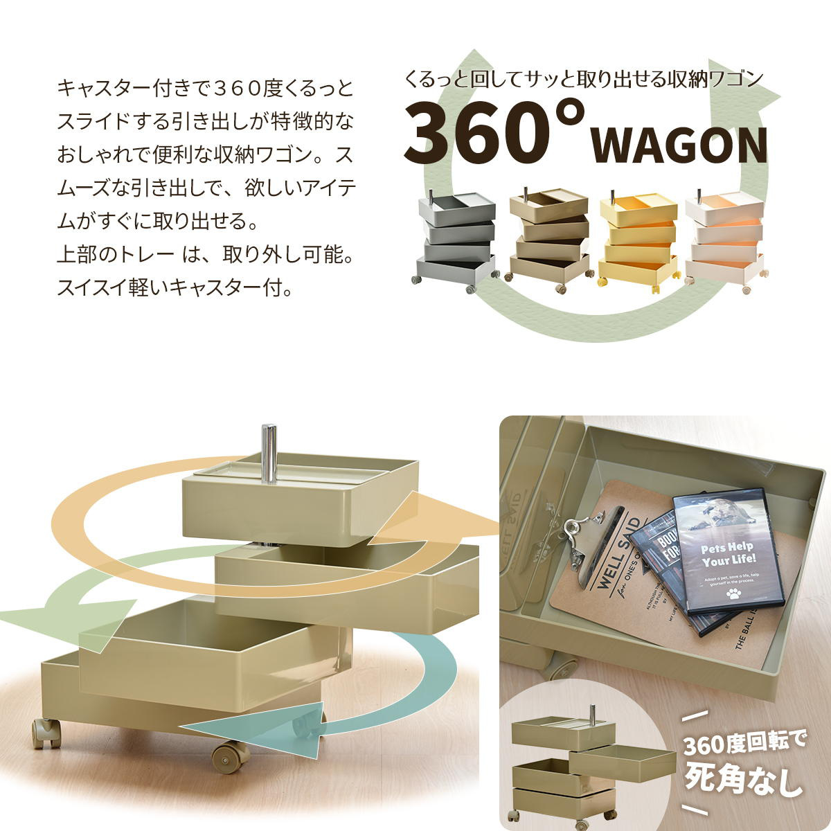 収納ワゴン 5段 360度 回転 キャスター付き ( ワゴン 収納 棚 ラック 五段 トレー トロリー サイドワゴン 5段トレー デスクサイド 回転式 トレイ アイボリー ライトブラウン ライトブルー イエロー ) 【イエロー】 イエロー