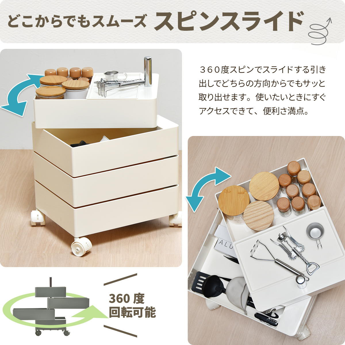 収納ワゴン 5段 360度 回転 キャスター付き ( ワゴン 収納 棚 ラック 五段 トレー トロリー サイドワゴン 5段トレー デスクサイド 回転式 トレイ アイボリー ライトブラウン ライトブルー イエロー ) 【イエロー】 イエロー