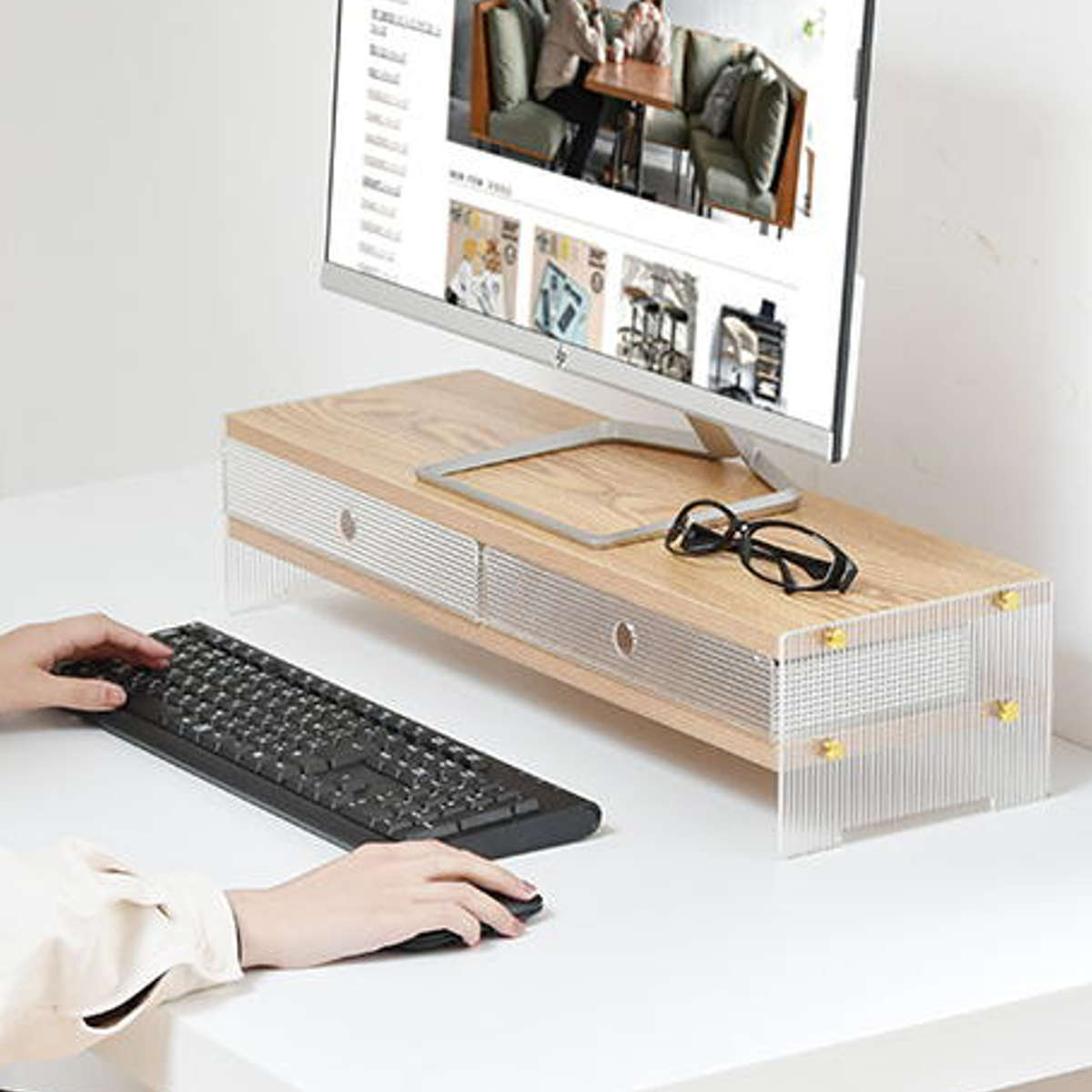 キッチンラック アクリル 収納棚 ワイドタイプ ( キッチン収納 ディッシュラック 収納ラック カウンター上 シェルフ 引出し 木目調 卓上 モニター台 デスク収納 ディスプレイ リブ 透け感 耐久性 丈夫 おしゃれ )