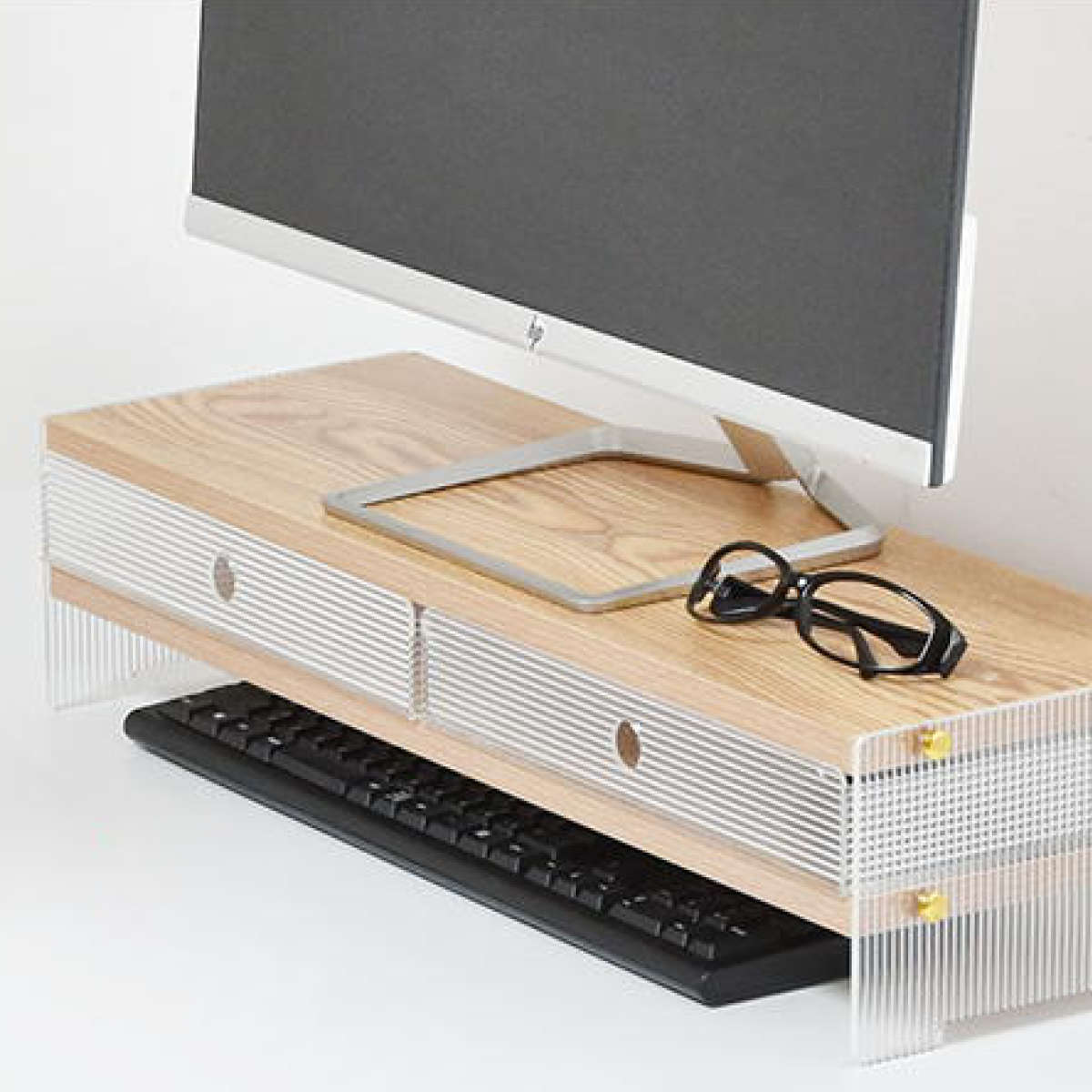 キッチンラック アクリル 収納棚 ワイドタイプ ( キッチン収納 ディッシュラック 収納ラック カウンター上 シェルフ 引出し 木目調 卓上 モニター台 デスク収納 ディスプレイ リブ 透け感 耐久性 丈夫 おしゃれ )