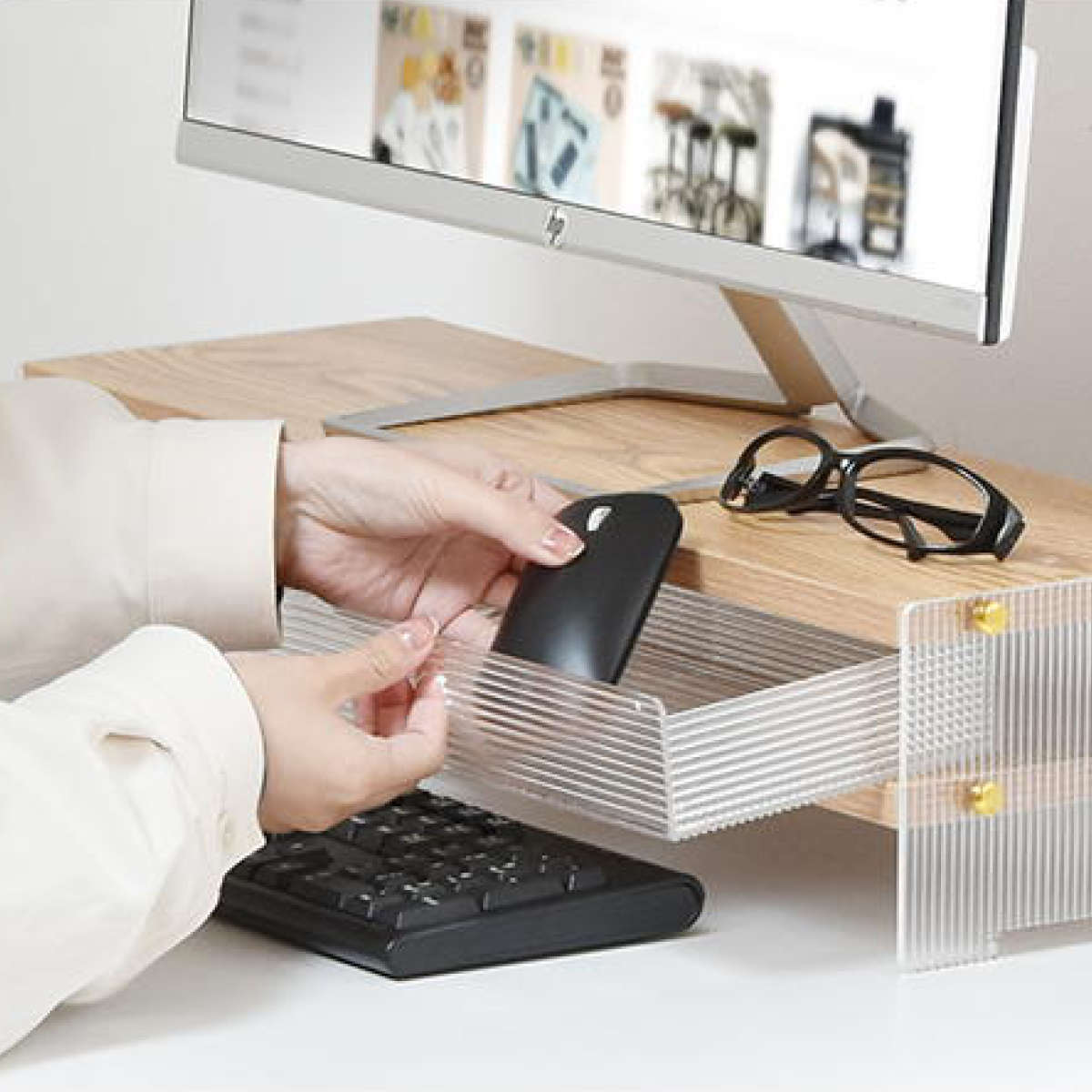 キッチンラック アクリル 収納棚 ワイドタイプ ( キッチン収納 ディッシュラック 収納ラック カウンター上 シェルフ 引出し 木目調 卓上 モニター台 デスク収納 ディスプレイ リブ 透け感 耐久性 丈夫 おしゃれ )