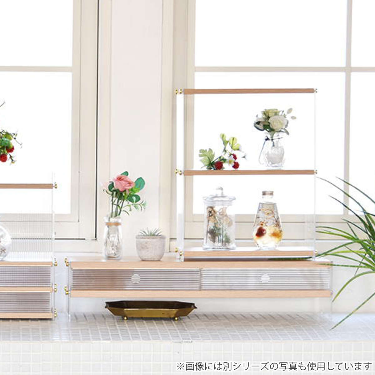 キッチンラック アクリル 収納棚 ワイドタイプ ( キッチン収納 ディッシュラック 収納ラック カウンター上 シェルフ 引出し 木目調 卓上 モニター台 デスク収納 ディスプレイ リブ 透け感 耐久性 丈夫 おしゃれ )