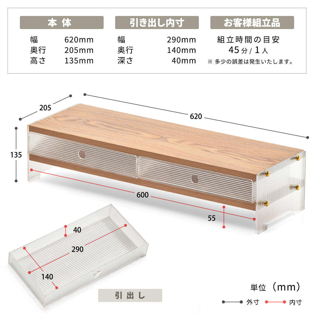 キッチンラック アクリル 収納棚 ワイドタイプ ( キッチン収納 ディッシュラック 収納ラック カウンター上 シェルフ 引出し 木目調 卓上 モニター台 デスク収納 ディスプレイ リブ 透け感 耐久性 丈夫 おしゃれ )